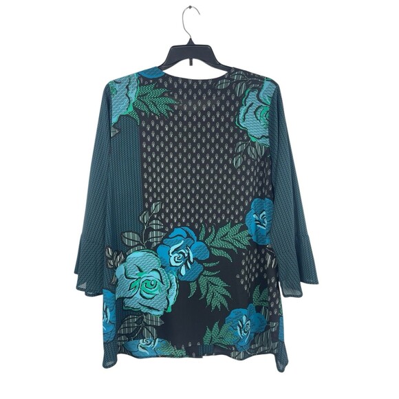 Bob Mackie Wearable Art 2X Teal Blue Floral Abstract Print Sheer Button Up Top - Picture 3 of 13